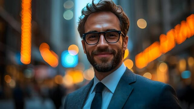 Confident businessman in suit standing in front of city skyline with digital tickers