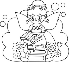 Vector black and white scene with flower fairy sitting on book pile, reading. Line composition with girl. scenery with magic princess. Fantasy fairytale illustration, coloring page