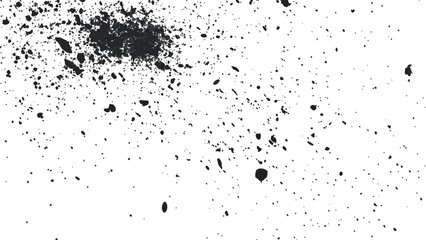Dirt dust texture isolated on white background, top view. Black dust with effect fragments explosion isolated on white background and texture, 
