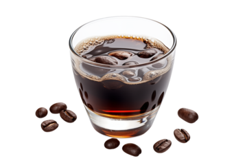 A glass of dark coffee with coffee beans on top and scattered around the base transparent background png