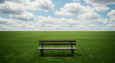Wooden Bench Placed On Green Field Under White Cloud And Blue Sky