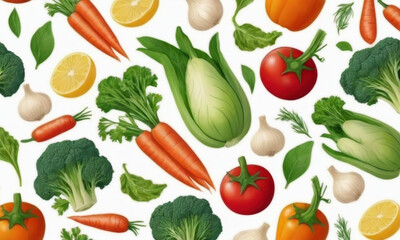 A collection of colorful vegetables and fruits on a white background