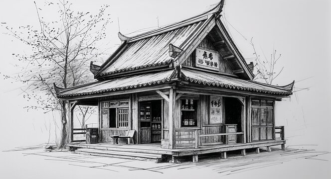 Wooden herbal tea shop building design in sketch hand drawing black and white on plain white background