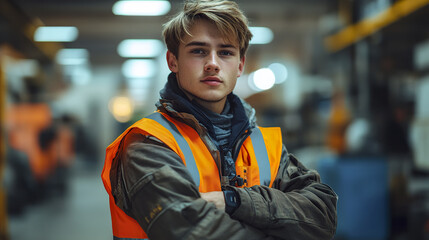 Fototapeta premium Young engineer in safety gear, confidently standing in warehouse environment
