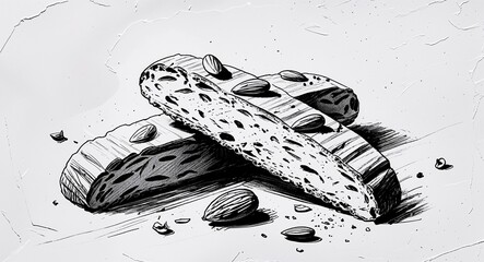 Almond biscotti dessert food design in sketch hand drawing black and white on plain white background