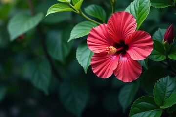 Bold tropical hibiscus, lush leaves, vibrant colors, purple, wall, exotic