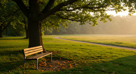 Serene Morning Light Illuminating Park Bench Beside A Large Shady Tree
