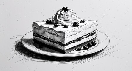 Baked Alaska dessert food design in sketch hand drawing black and white on plain white background