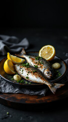 A delicious dish of fried anchovies with lemon wedges and herbs on a rustic table.