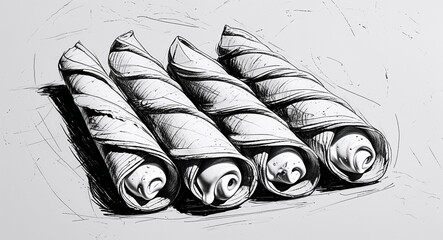 Cannoli with cream filling dessert food design in sketch hand drawing black and white on plain white background