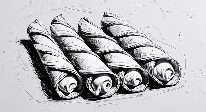 Cannoli with cream filling dessert food design in sketch hand drawing black and white on plain white background