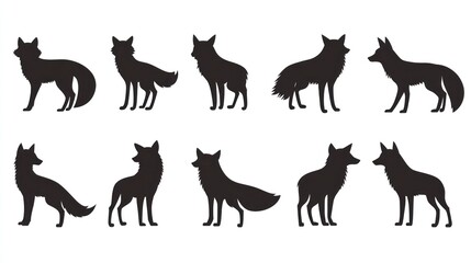 Fototapeta premium Fox silhouettes, various poses, white background, wildlife illustrations