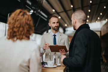 Three professionals engaged in a conversation discussing business matters during an outdoor meeting setting.
