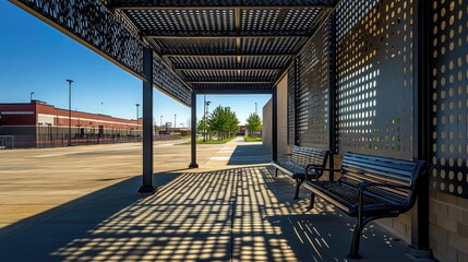 A bench resting under a high canopy at an industrial city bus depot, shadows forming geometric patterns