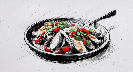 Chicken fajitas food design in sketch hand drawing black and white on plain white background