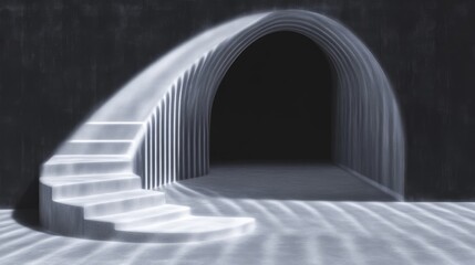 Obraz premium Abstract architectural stairway leading to a dark archway. A smooth, flowing design in light gray stone or concrete, against a dark background. An ethereal, dreamlike quality with subtle shadows,