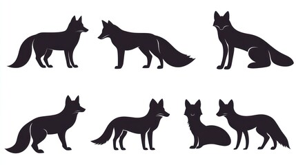Fototapeta premium Fox silhouettes, various poses, white background, design elements (2)