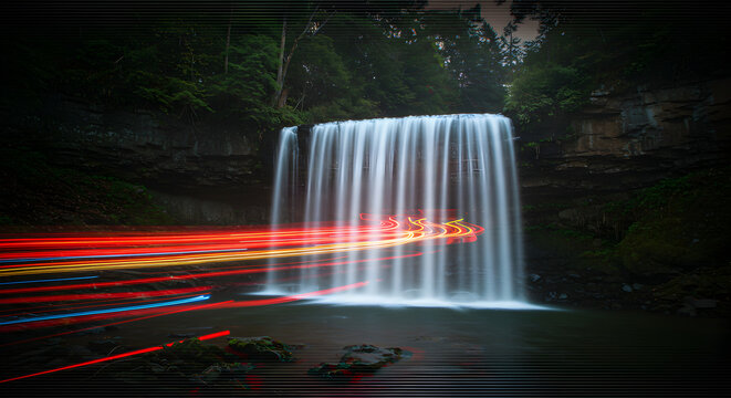 Mystical Waterfall Displaying Colorful Light Trails Through Tranquil Forest Setting