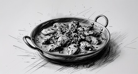 Chicken tikka masala food design in sketch hand drawing black and white on plain white background