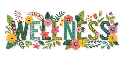 Fototapeta premium Colorful Floral Wellness Typography — Hand-Drawn Lettering with Vibrant Flowers, Botanical Folk Art Design