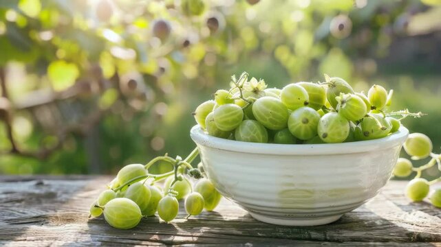 gooseberry in a white bowl on a wooden table, nature background. Selective focus