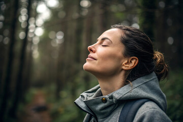 Peaceful Woman in Misty Forest — Outdoor Portrait with Closed Eyes, Serene Mood, Natural Lighting