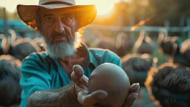 a man holds an ostrich egg in his hands. Selective focus