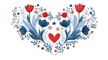 heart in blue and red folk patterns with tulips and stars, centered on white background
