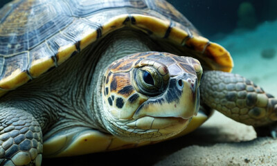Obraz premium A close-up shot of a turtle resting on a sandy surface, perfect for use in educational or nature-related content