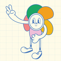 Retro Cartoon Flower Character with Peace Sign on Grid Background Illustration