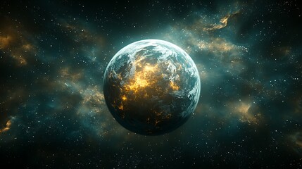 Obraz premium Fiery, swirling nebula surrounds a luminous planet