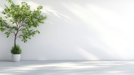 Obraz premium Empty room with potted plant. Sunlight streams in, casting shadows on the pale-gray floor and white wall