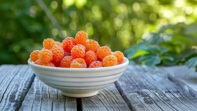 cloudberry in a white bowl on a wooden table nature background. Selective focus