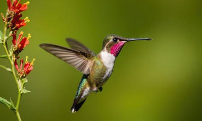 Fototapeta premium A hummingbird flying close to a colorful flower, potential for use in nature and wildlife photography, conservation or education