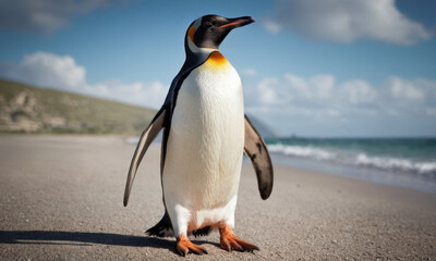 Fototapeta premium A penguin standing on a beach next to the ocean