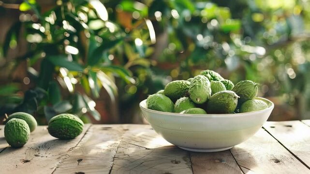 feijoa in a white bowl on a wooden table, nature background. Selective focus