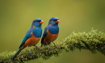 Fototapeta premium Two colorful birds sitting on a branch, perfect for nature or wildlife themed projects