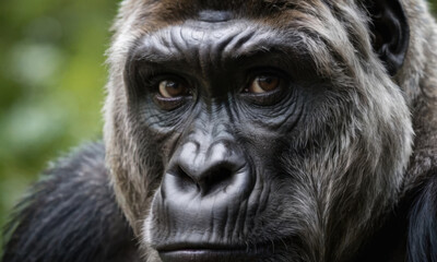 Obraz premium Close-up of a gorilla's face surrounded by trees, great for wildlife or nature-themed projects