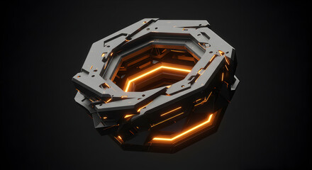 Geometric Metallic Structure Glowing with Warm Orange Light Floating in Space