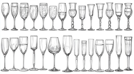 Diverse Glassware Illustrations Line Art Collection of Wine Glasses and Drinking Vessels