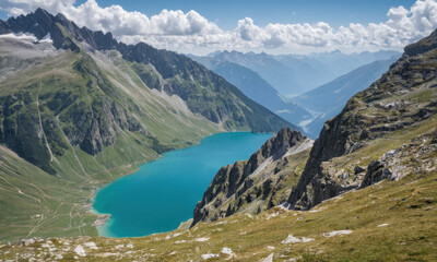 Obraz premium A serene lake situated on top of a lush green hillside, perfect for a peaceful retreat or scenic backdrop