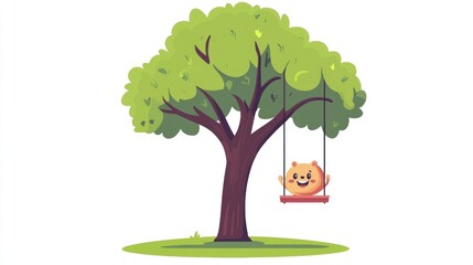 Cute bear swinging on a tree in a park