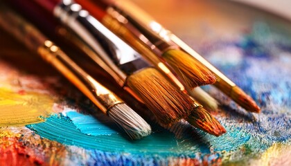 Obraz premium close up view of artist paint brushes on colorful palette with soft blurred background
