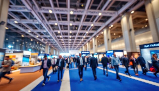 Blurred motion in expansive conference hall with attendees networking, fostering business innovation and collaboration, seeking market insights