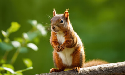 A squirrel stands on a tree branch, looking out into the distance