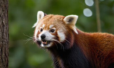 Close-up shot of a red panda sitting near a tree trunk