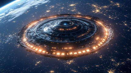 Obraz premium A large alien ship orbiting Earth, with a mysterious bright energy structure. background wallpaper AI generated image