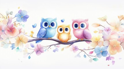 Fototapeta premium Watercolor painting of three owls--two parents and a child--perched on a branch in soft rainbow hues