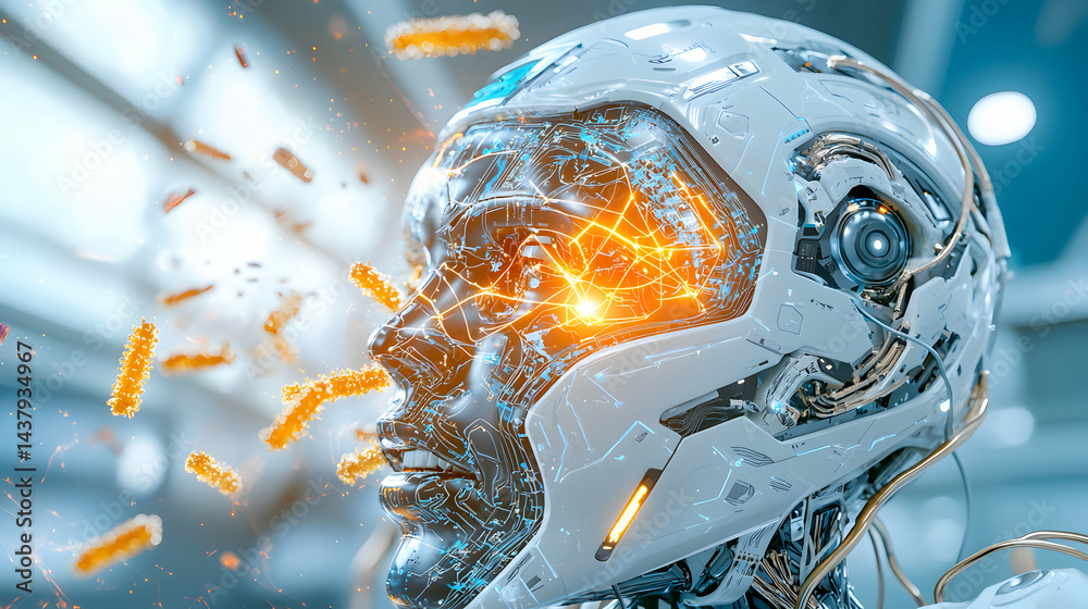 Poster futuristic robot face with circuit patterns and glowing elements. great for sci-fi concepts and tech