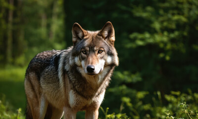 Fototapeta premium A wolf stands alone in the middle of a dense forest, surrounded by tall trees
